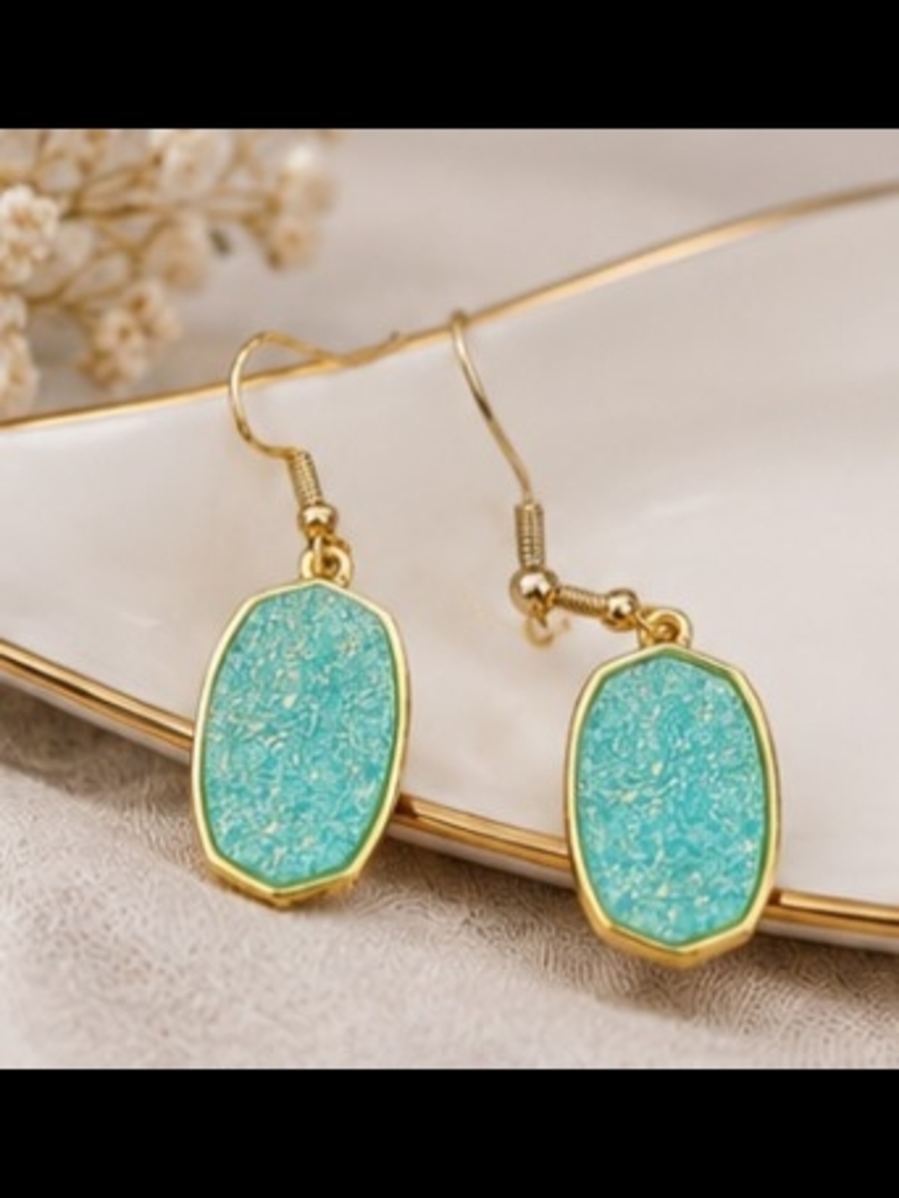 Gold-Trim Aqua Druzy Drop Earrings